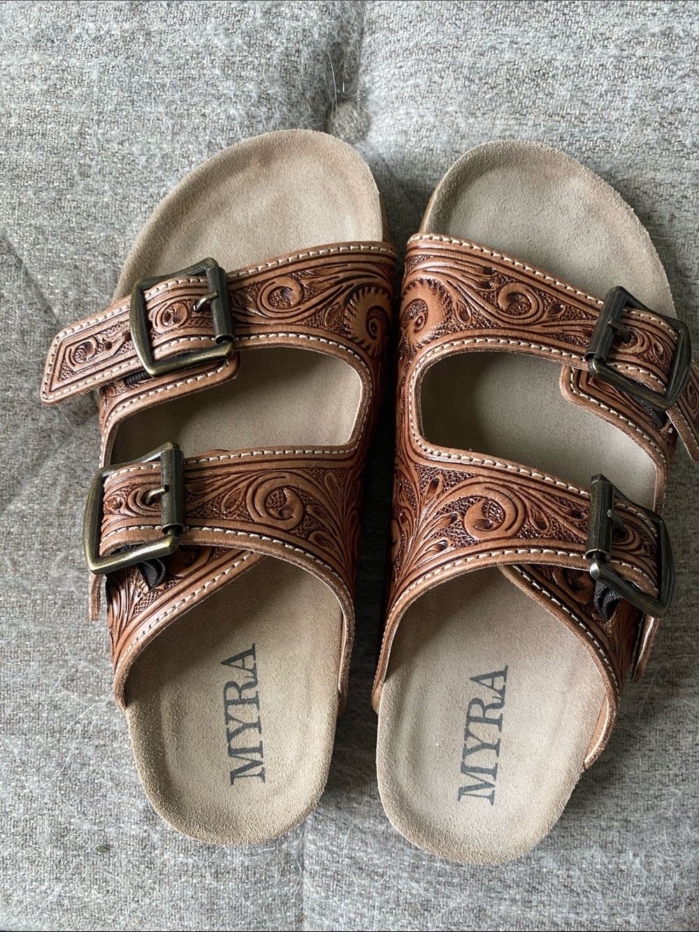 Myra Bag Brown Tooled Leather Double-Buckle Sandals